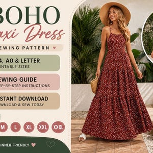 Può includere: Un modello di cucito per abito lungo Boho con stampa floreale rossa. L'immagine include una donna che indossa l'abito, una tabella delle taglie e il testo "Beginner Friendly". Il modello è disponibile nelle taglie XS a XXXL.