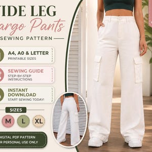 Puede incluir: Un patrón de costura digital para pantalones cargo de pierna ancha. La imagen muestra a una mujer con pantalones cargo blancos con bolsillos. El patrón incluye tallas S, M, L y XL, e instrucciones para tamaños A4, A0 y carta.