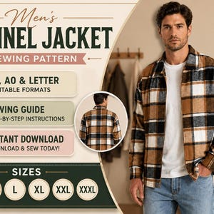 May include: A flannel jacket sewing pattern with the text "Men's Flannel Jacket Sewing Pattern". The pattern includes sizes S to XXXL and is available for instant download. The jacket is brown, black, and white plaid.