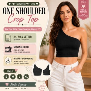 Pode incluir: Um molde de costura para um top curto de um ombro só preto. A imagem inclui o texto: PDF SEWING PATTERN, ONE SHOULDER Crop Top, Sew Your Style. Wear Your Confidence., A4, A0 & LETTER, SEWING GUIDE, INSTANT DOWNLOAD, S M L XL, Make it yours.