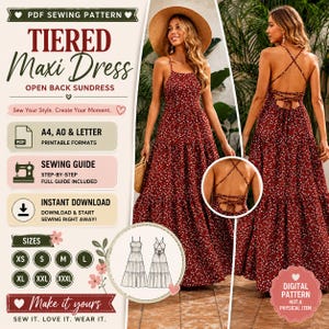 May include: A PDF sewing pattern for a tiered maxi dress with an open back. The design features a dark red fabric with a small white floral print, thin shoulder straps, and a lace-up back detail. Includes A4, A0, and letter printable formats.