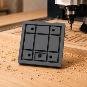 May include: A dark gray, square-shaped CNC machine part with a grid-like design. The part has several circular holes and rectangular insets. It sits on a wooden surface covered in wood shavings, with a CNC machine and brush in the background.