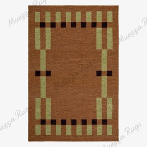 Handwoven Flatweave Wool Rug Warm Rust Brown Base with Olive Green Geometric Border Pattern Artistic Minimal Custom Rug for Living Room