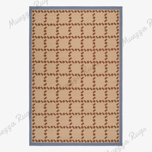 Handwoven Flatweave Wool Rug Cream Beige Base with Rust Brown Geometric Dot Dash Pattern Soft Blue Border Contemporary Large Bedroom Rug