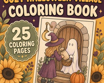 Gezellig Halloween-kleurboek, 25 vrolijke en makkelijke kleurplaten, schattige en griezelige printbare PDF, digitale download voor volwassenen en tieners