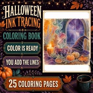 Libro para colorear de Halloween con técnica de calco de tinta, 25 páginas espeluznantes para colorear al revés, PDF imprimible de otoño para adultos.