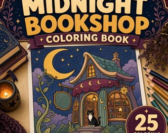 Cozy Creepy Coloring Book for Adults, Midnight Bookshop Printable PDF, 25 Ghost and Cat Pages