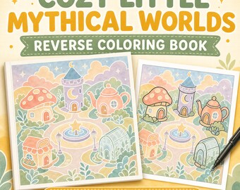 Gezellig mythisch kleurboek met omgekeerde patronen, printbare PDF met inkttekeningen, 25 pastelkleurige fantasiepagina's, digitale download