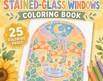 Tekenboek met mythische glas-in-loodramen, printbare PDF met begeleide inkttekeningen, 25 sfeervolle fantasieramen, digitale download
