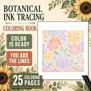 Livre de coloriage botanique à l'encre, 25 pages à colorier à l'envers, PDF de fleurs à imprimer pour adultes