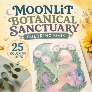 Può includere: Un libro da colorare Moonlit Botanical Sanctuary con 25 pagine. La copertina presenta una grande falena verde chiaro, cristalli viola, una piccola porta di legno e un sentiero tortuoso circondato da fiori e rampicanti in tenui colori pastello.