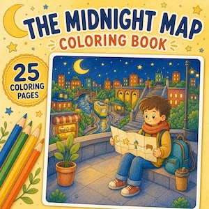 Puede incluir: Un libro para colorear para niños titulado "The Midnight Map Coloring Book" con 25 páginas para colorear. La portada presenta a un niño mirando un mapa de una ciudad por la noche. Lápices de colores en la esquina inferior izquierda.