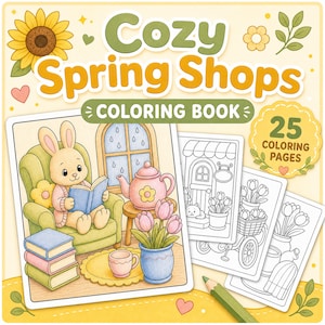 Cozy Spring Shops Malbuch, druckbare PDF-Malseiten, Cute Spring Shop digitaler Download Bild 1