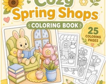 Cosy Spring Shops kleurboek, afdrukbare pdf-kleurplaten, digitale download schattige lentewinkel