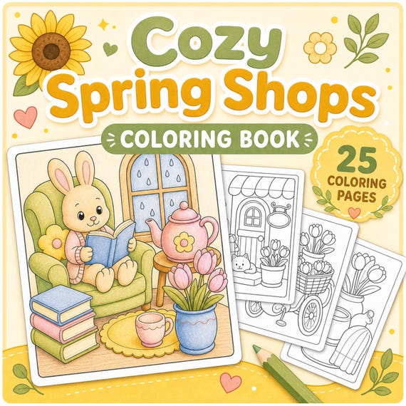 Cozy Spring Shops Coloring Book, Printable PDF Coloring Pages, Cute Spring Shop Digital Download