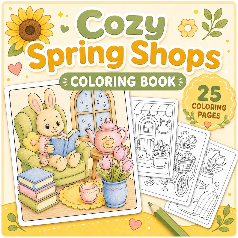 Cozy Spring Shops Malbuch, druckbare PDF-Malseiten, Cute Spring Shop digitaler Download Bild 1