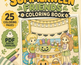 Summerween Friends kleurboek (PDF), 25 schattige en griezelige zomerkleurplaten, printbare digitale download.