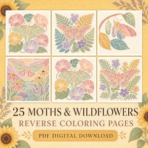Puede incluir: Una colección de 25 páginas de coloreado inverso de polillas y flores silvestres en formato de descarga digital PDF. La imagen muestra seis ilustraciones cuadradas con varias polillas, mariposas, helechos y flores en tonos pastel.