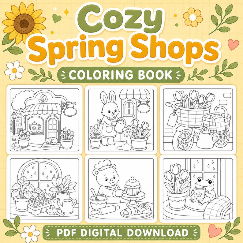 Cozy Spring Shops Malbuch, druckbare PDF-Malseiten, Cute Spring Shop digitaler Download Bild 2