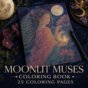Pode incluir: Um livro de colorir retangular intitulado Moonlit Muses Coloring Book 25 Coloring Pages. A capa apresenta uma ilustração de uma pessoa segurando uma lanterna de lua crescente brilhante contra um céu noturno azul escuro com flores.