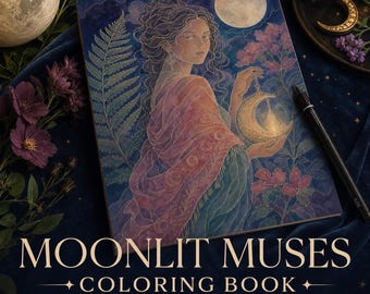 Moonlit Muses Ink Tracing Book, Reverse Coloring Printable PDF, Mindful Drawing Download