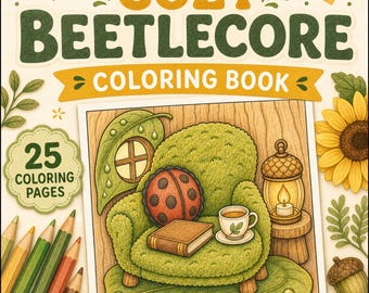Cosy Beetlecore kleurboek, afdrukbare pdf-kleurplaten, schattige digitale download van Cottagecore Bug