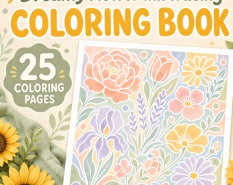 Bloemenkleurboek (omgekeerd kleuren), printbare PDF-pagina's om met inkt te traceren, digitale download om bloemen in te kleuren.