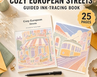 Tekenboek met gezellige Europese straatjes, begeleide inkttekening (printbaar PDF-bestand), 25 reisscènes, digitale download