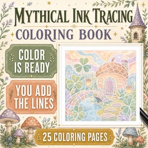 Livre de coloriage inversé « Cozy Mythical », PDF imprimable avec décalcomanies à l'encre, 25 pages pastel féeriques, téléchargement numérique