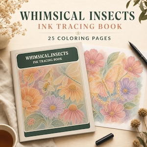 Può includere: Un libro da ricalco a inchiostro Whimsical Insects con 25 pagine da colorare. La copertina presenta un'intestazione rettangolare verde scuro con testo bianco e un'illustrazione centrale di ape, farfalla, coccinella e libellula.