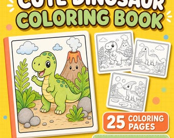 Afdrukbare pdf dinosauruskleurboek, schattige kawaii dino kleurplaten voor kinderen, vet eenvoudige digitale download