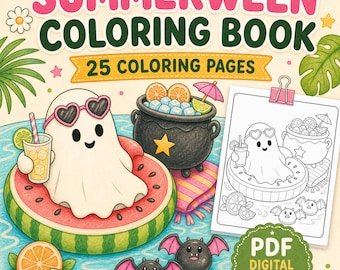 Summerween kleurboek (PDF), 25 schattige en griezelige zomerkleurplaten, printbare digitale download.