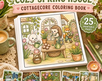 Cozy Spring Cottage Malbuch, druckbare PDF Malseiten, digitaler Download