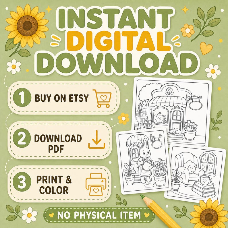 Cozy Spring Shops Malbuch, druckbare PDF-Malseiten, Cute Spring Shop digitaler Download Bild 5