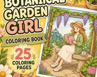 Botanischer Garten Mädchen Malbuch, 25 gemütliche druckbare Ausmalseiten, A4 US Letter PDF digitaler Download