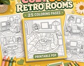 Cozy 80s Retro Rooms Coloring Book, Printable Adult Coloring Pages PDF, Vintage Interior Digital Download