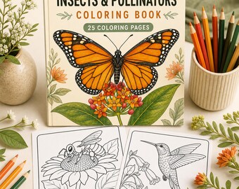 Insectenkleurboek, 25 soorten bestuivende insecten, educatieve printbare PDF-download.