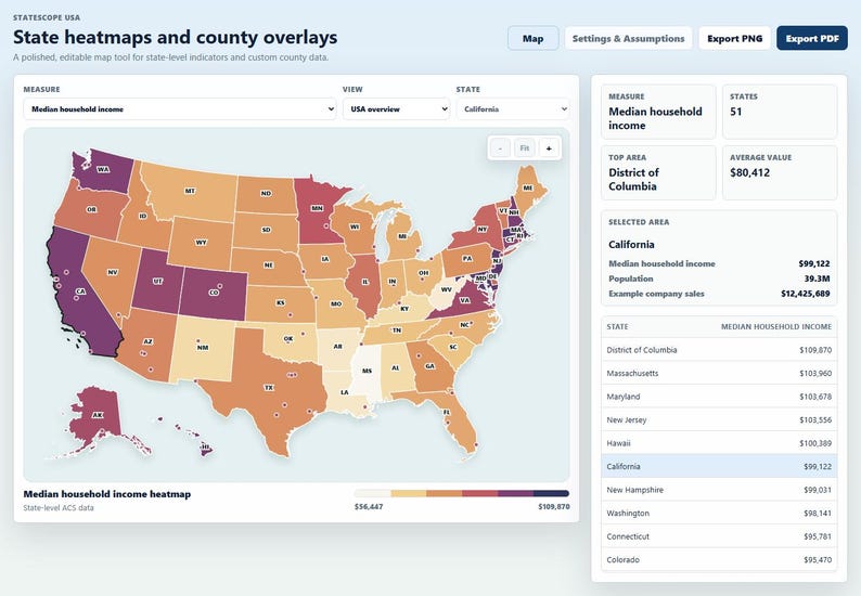 Editable USA Map Dashboard | State County Heatmap Tool for Reports and ...