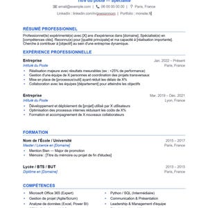 May include: A resume template with the name "PRÉNOM NOM" at the top, followed by contact information and a professional summary. The resume details work experience, education, and skills, including Microsoft Office 365, project management, and data analysis.
