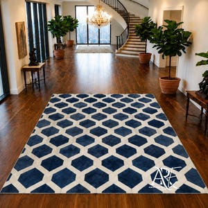 BlueBerry & Ivory Hair-on-Hide Honeycomb Pattern Leather Rug 5x8 ft Handcrafted Runner/Area Carpet