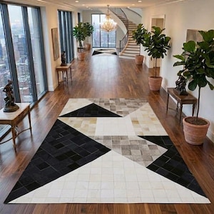 Svart & Elfenbensvit Geometriskt Mönster Lädermatta 1,5 x 2,4 m Handgjord Löparmatta/Flat Matta