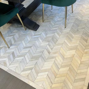 Ivory Cowhide Patchwork Rug | Cream Chevron Leather Rug | 5x8 ft Modern Area Rug | Herringbone Hide Carpet | Luxury Contemporary Decor