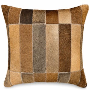 May include: Square decorative pillow with a patchwork design. The pillow features a variety of brown tones, including tan, beige, and dark brown, arranged in vertical and square patterns. The pillow has a soft, textured appearance.