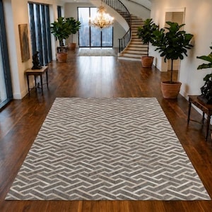 Beige en bruin haar-op-huid en wol geometrisch patchwork patroon leren vloerkleed 5 x 8 ft handgemaakt loper/gebiedtapijt