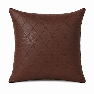 Brown Genuine Leather Diamond Patchwork Cushion Cover | Modern Minimalist Sofa Throw Pillow Cover