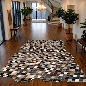 Alfombra de cuero color marrón claro y multicolor con estampado de diamantes y pelo, 152 x 244 cm (5 x 8 pies), hecha a mano. Alfombra de pasillo/área.