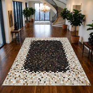 Chokladbrun & Beige Hair-on-Hide Pixel Mönstrad Lädermatta 1,5 x 2,4 m Handgjord Löpare/Flat Matta