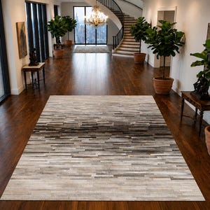 Alfombra de cuero con estampado de rayas plateadas y grises, 152 x 244 cm (5 x 8 pies), hecha a mano. Alfombra de pasillo/área.
