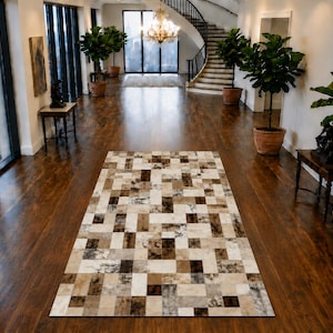 Alfombra de cuero con estampado de bloques en tonos marrón claro y multicolor, 152 x 244 cm (5 x 8 pies), hecha a mano. Alfombra de pasillo/área.