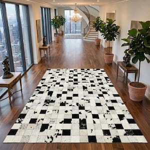 Schwarz & Elfenbein Jersey Hair-on-Hide Pixel-Muster-Lederteppich 5 x 8 ft Handgefertigter Läufer / Flächenteppich